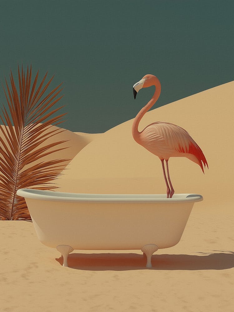 Surreal Desert Flamingo in Bathtub Wall Art, Artistic Poster for Unique Boho Interior Styling
