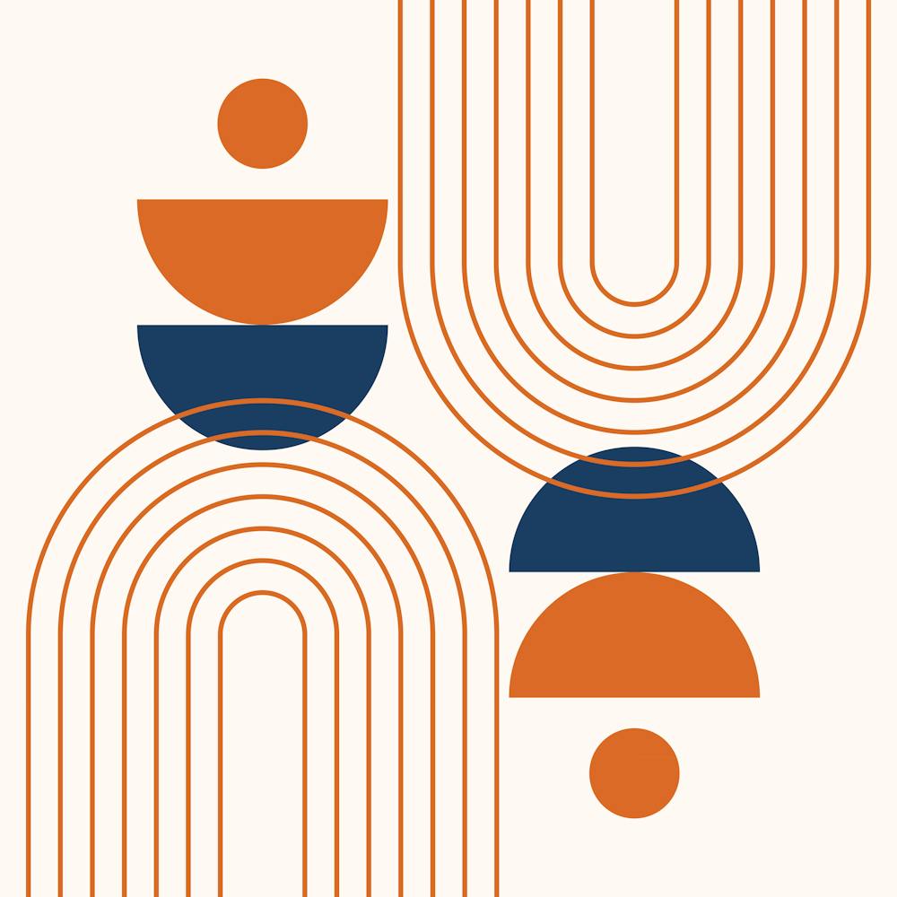 Modern Mid Century Sun, Moon Phases and Rainbow Abstract 22 in Navy Blue and Burnt Orange