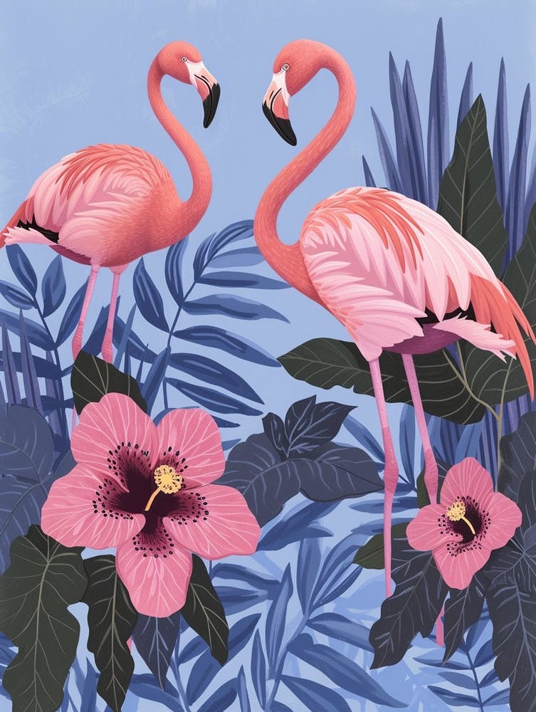 Lesser Flamingo And Hibiscus Minimalist Illustration 1