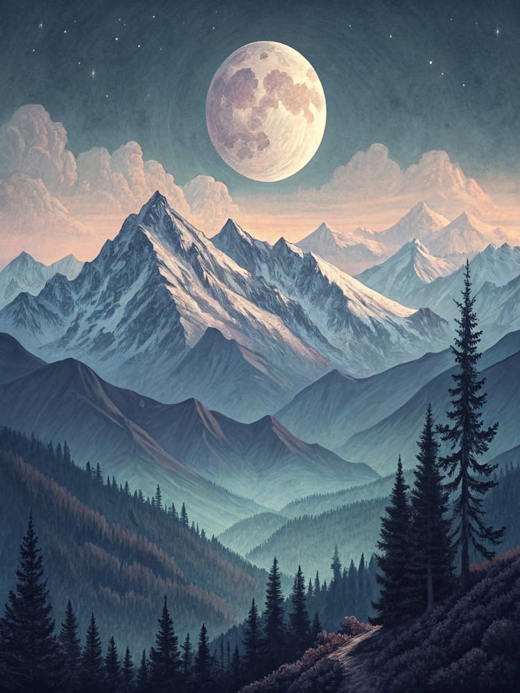 Style Peinture À L'Huile Lune Se Levant Au-dessus Des Crêtes Alpines
