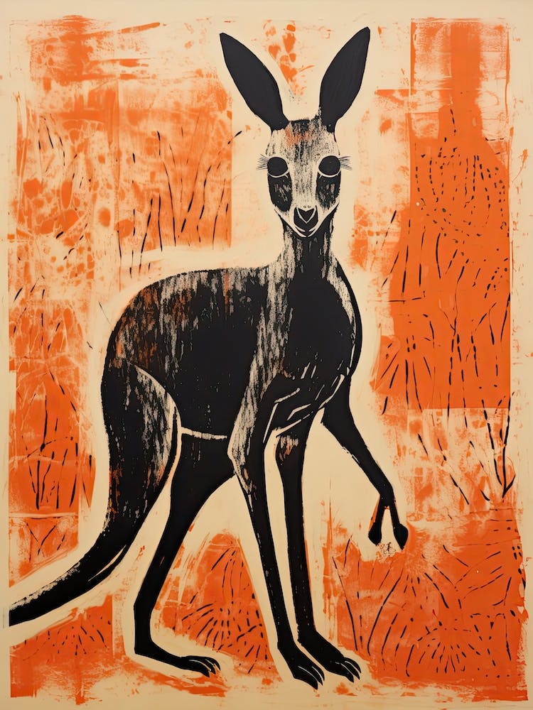 Kangaroo, Woodblock Animal Drawing 3
