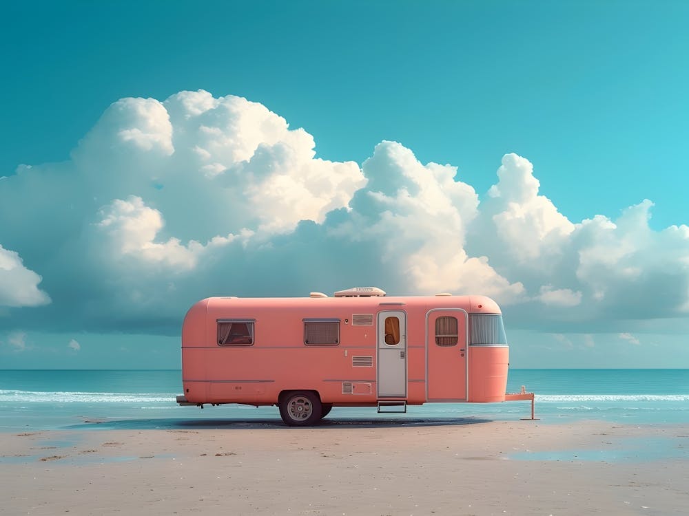 Pink Camper On The Beach