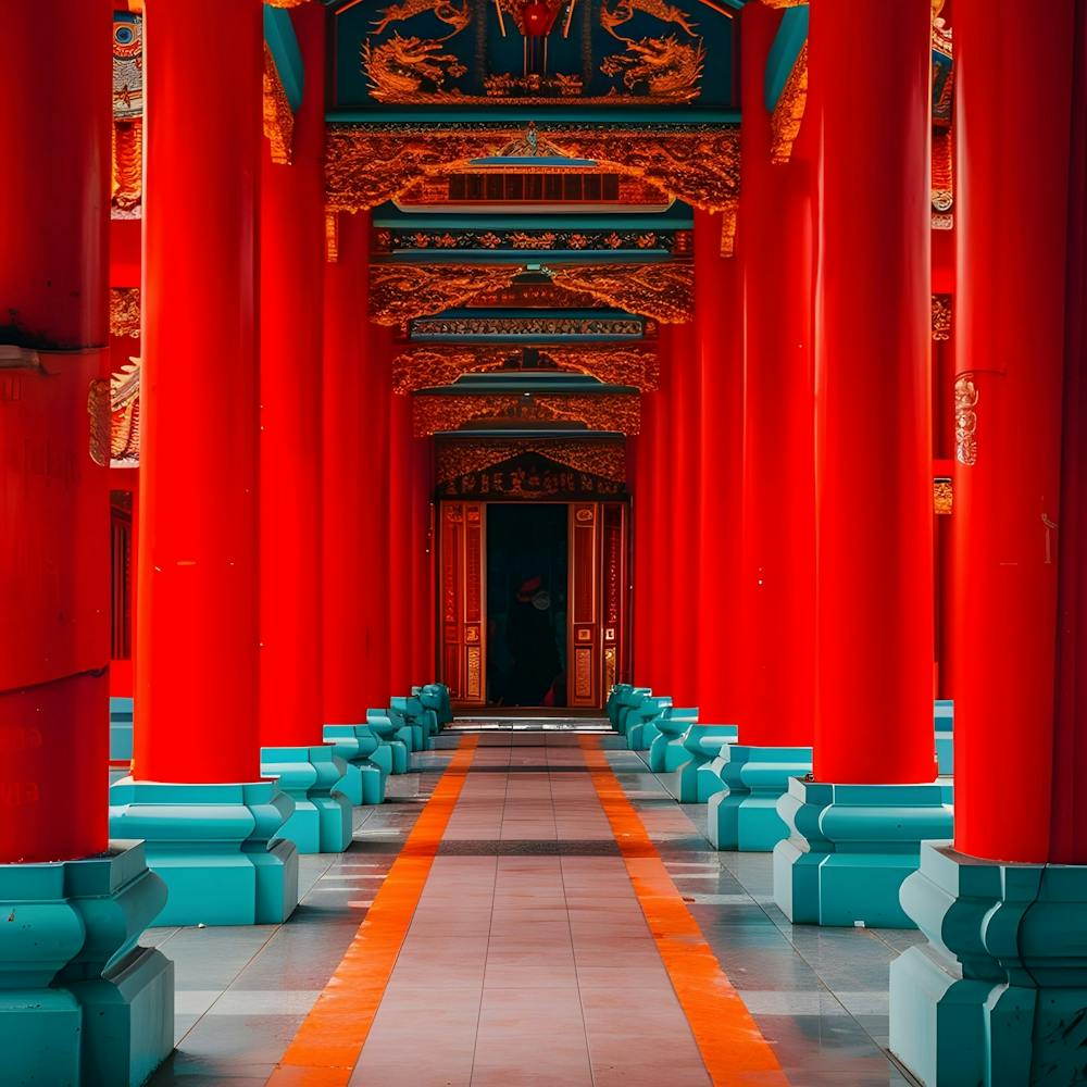 Red Pillars In A Temple