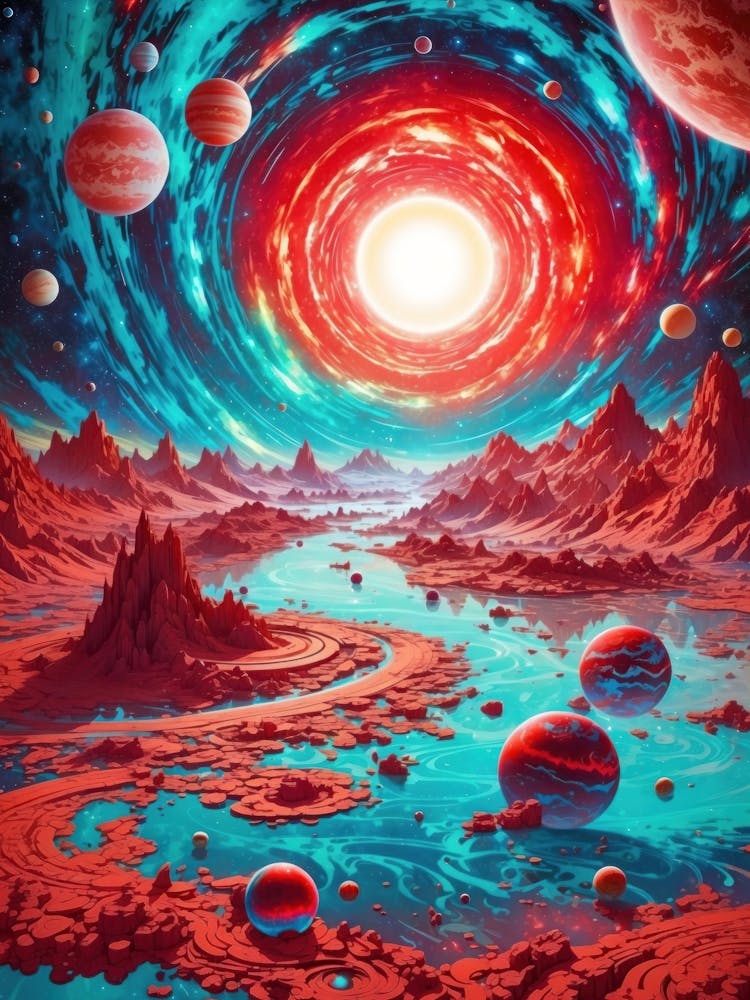 Surreal neon alien world — red planets adorn the cosmic canvas beneath a colossal sun, a fantastical realm where abstract mountains meet the wonders of interstellar imagination.