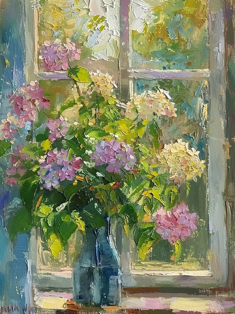 Hydrangea Flowers On A Cottage Window 1