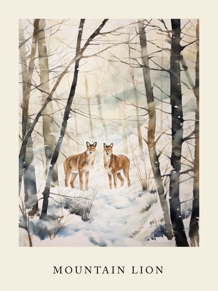 Hiver Aquarelle Lion des Montagnes 1 Affiche