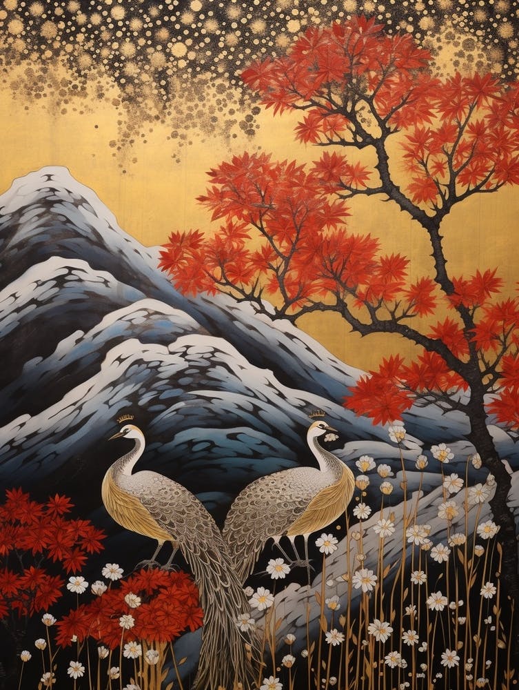 Autumn Dandelion And Peacocks 2 Vintage Japanese Botanical