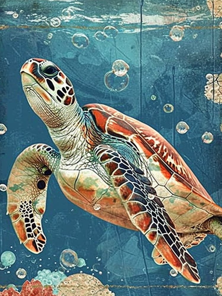 Textured Sea Turtle Collage With Bubbles 2