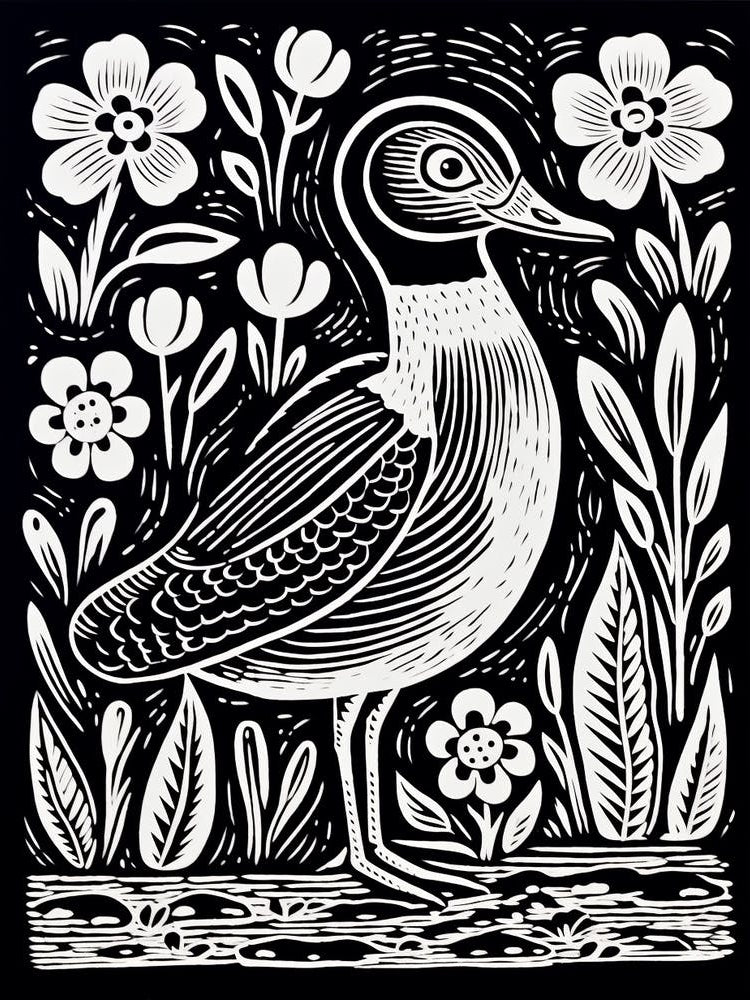 B&W Bird Linocut Duck 3