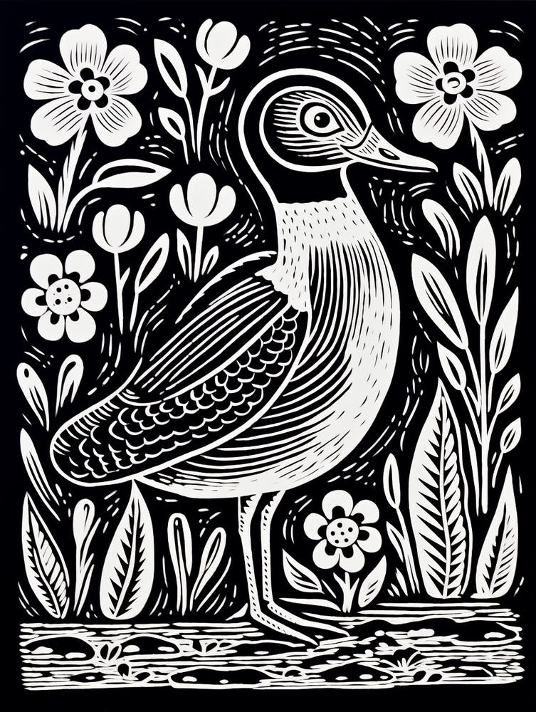 B&W Bird Linocut Duck 3