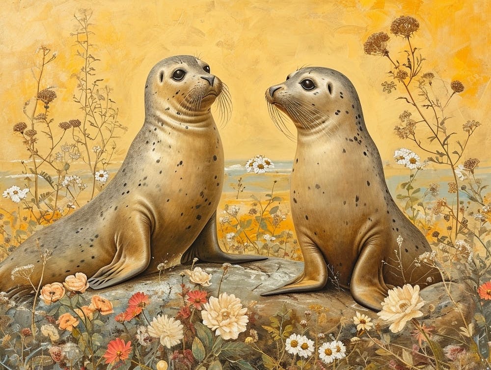 Floral Animal Illustration Harp Seal