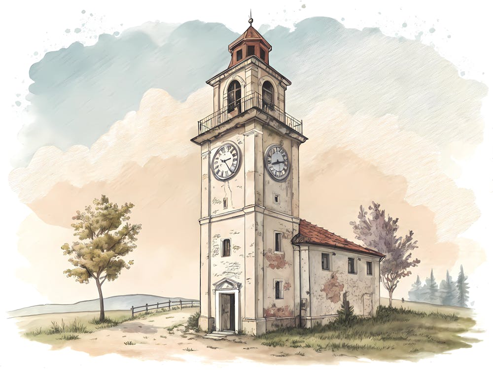 Minimalist Ink Sketch Of Old European Clock Tower