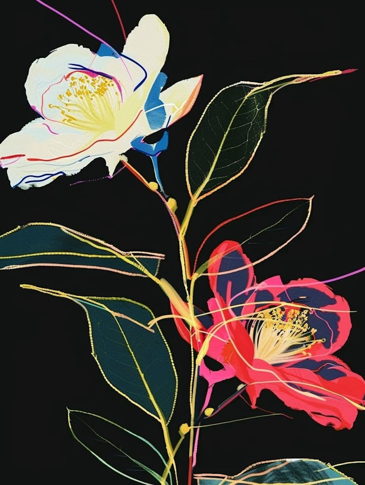 Neon Flowers On Black Camellia 2