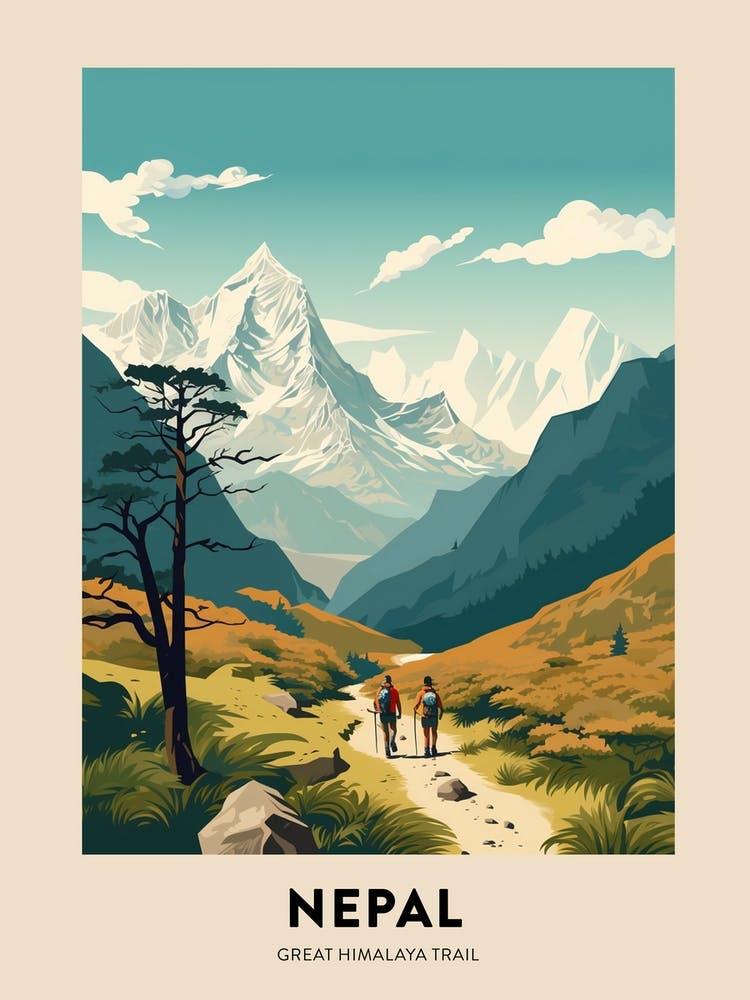 Great Himalaya Trail Nepal 2 Vintage Hiking Travel Poster