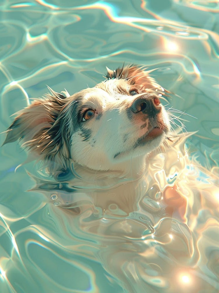 High Angle,The Black And White Scottish Border Collie Is Swimming Towards You With A Toy Ball In Its Mouth In Water Wallpaper,Hyper Realistic Water, Mesmerizing Composition, Sparkling Water Reflection, Pink And Light Aquamarine, Ul