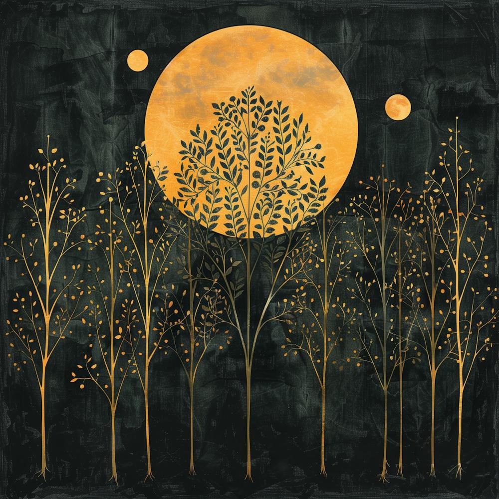 William Morris Inspired Vintage Yellow Moon Night Forest