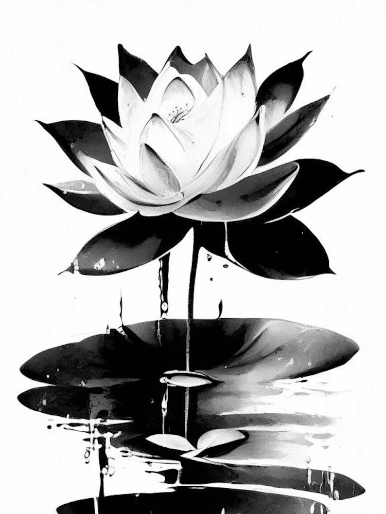 Lotus Flower And Water Symbol Black And White Painting