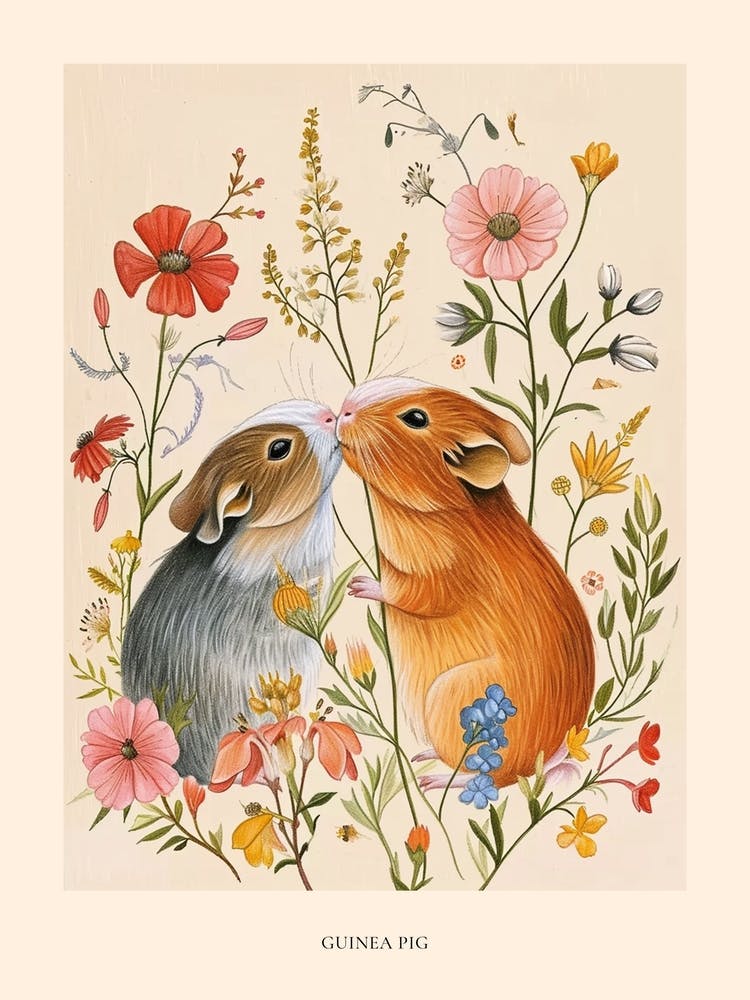 Folksy Floral Animal Drawing Guinea Pig 3 Poster