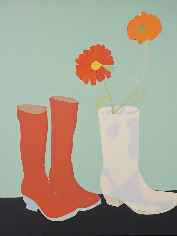 A Painting Of Cowboy Boots With Red Flowers, Pop Art Style 2