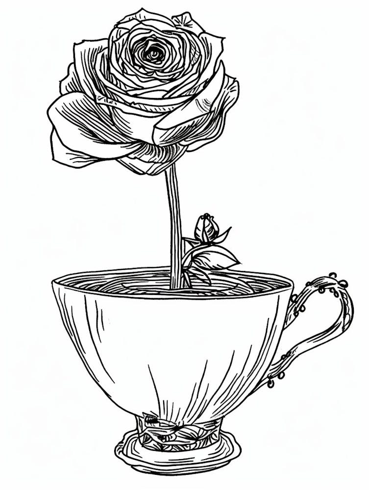 Rose In A Tea Cup Line Drawing 2