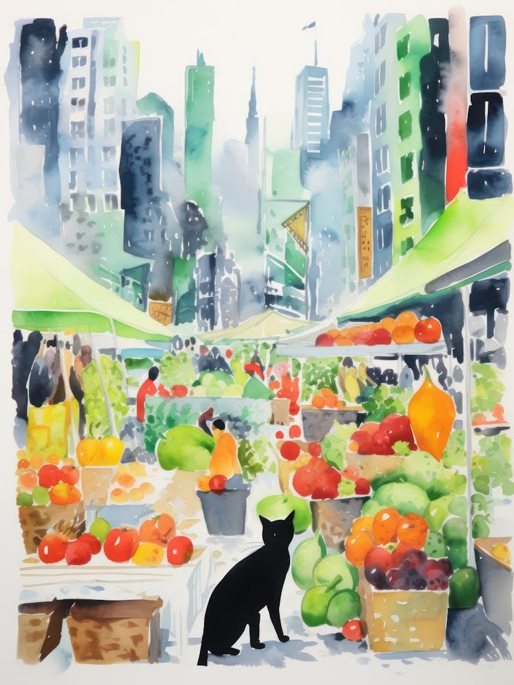 Food Market With Cats In New York 2 Watercolour