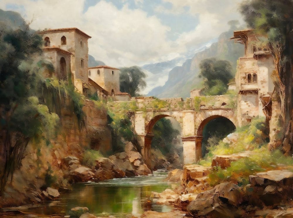 Peinture de Paysage Vintage, Impression de Paysage de Village Italien Rustique, Peinture de Campagne Européenne, Art Imprimable Ancien, Téléchargement Numérique