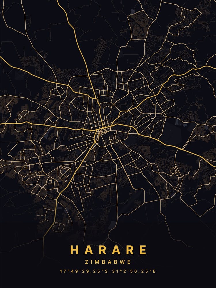 Harare Zimbabwe Black And Gold Map