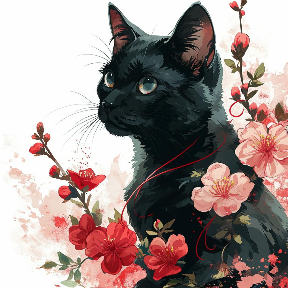 Black Cat With Cherry Blossoms