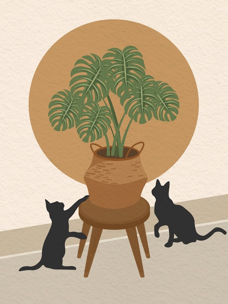 Vintage minimal art Two Cats Playing With A Potted Plant 1