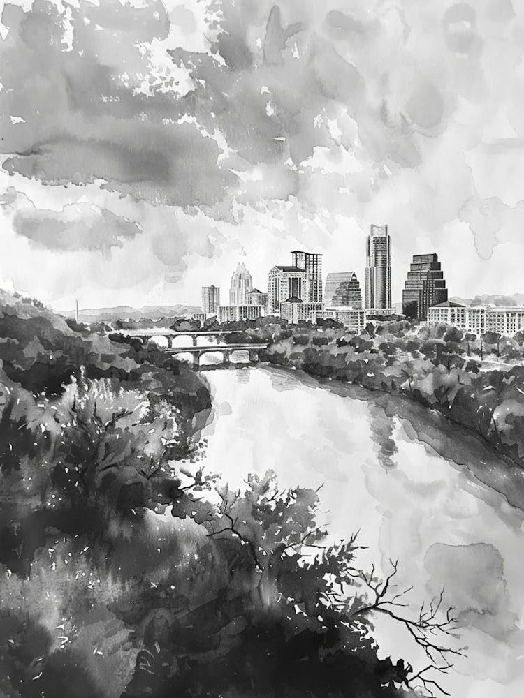 Mount Bonnell Austin Texas Black And White Watercolour 1