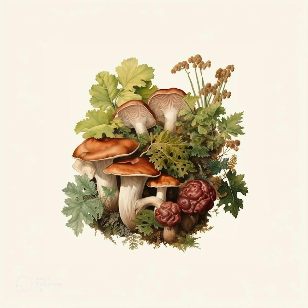Mushrooms and heucheras - mushroom art print - mushroom botanical print