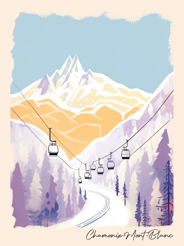Poster Of Chamonix Mont Blanc   France, Ski Resort Pastel Colours Illustration 1