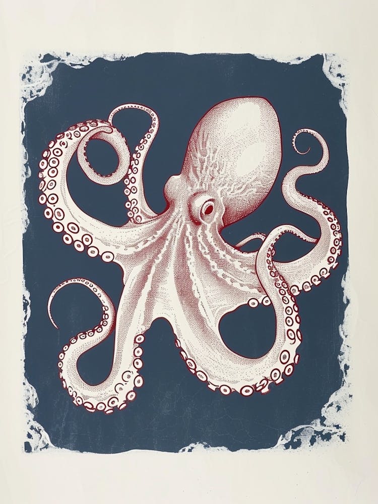 Red & Blue Octopus Retro Linocut Inspired 8