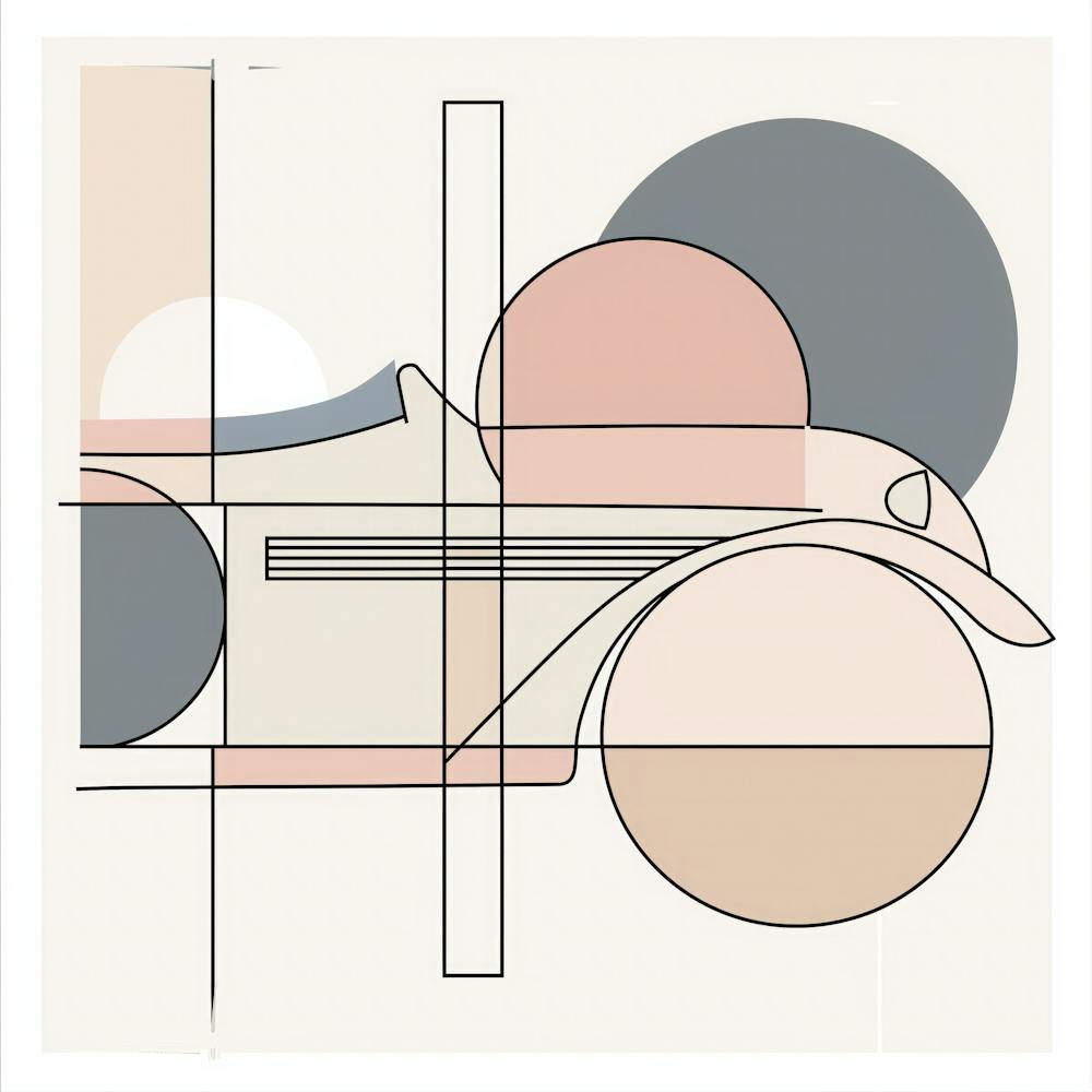 Minimalistische Auto-Linienkunst: Pastellpalette mit sanften Tönen, Kreisen und Quadraten