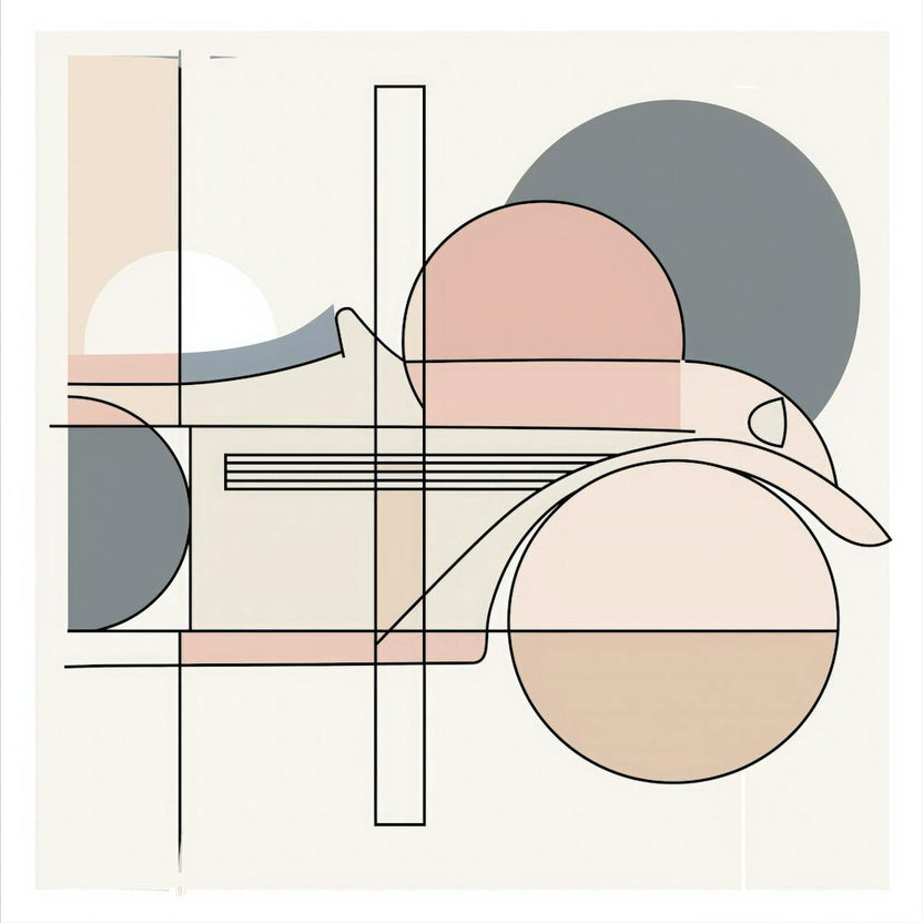 Minimalist Car Line Art: Pastel Palette with Soft Tones, Circles, and Squares