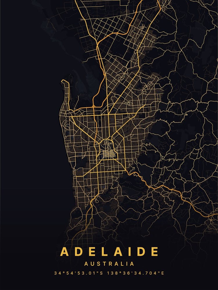 Adelaide Australia Black And Gold Map 1
