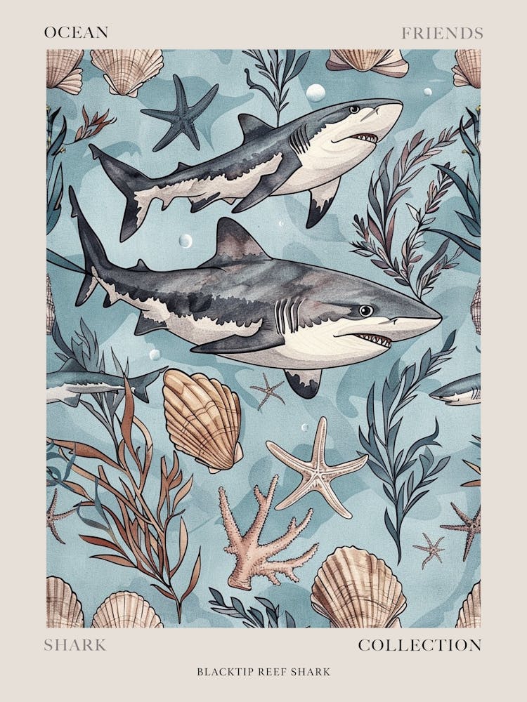 Pastel Blue Blacktip Reef Shark Watercolour Seascape Pattern 1 Poster