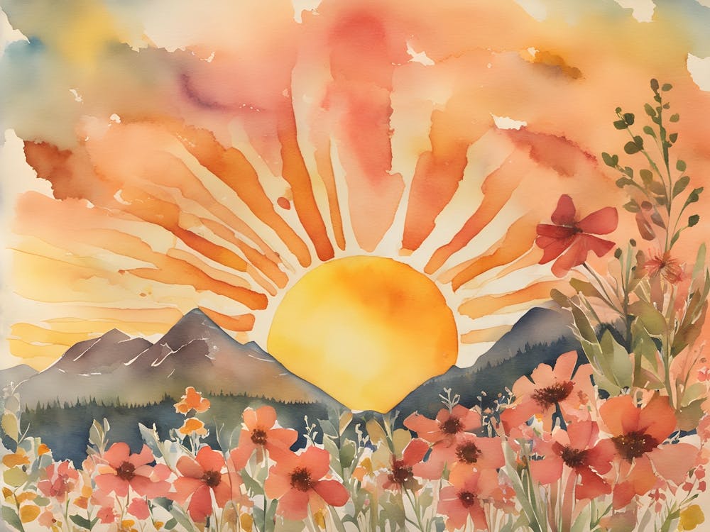 Sunset in the Mountains, Boho Landscape, Wildflowers