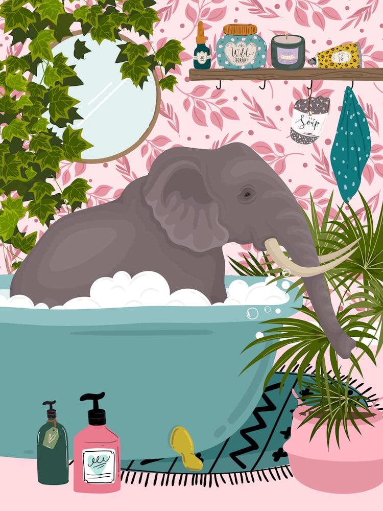 Elephant In Bathtub In Pink Botanical Bathroom