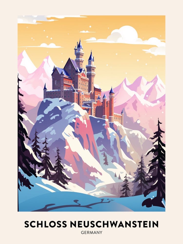 Vintage Winter Travel Poster Schloss Neuschwanstein Germany 4