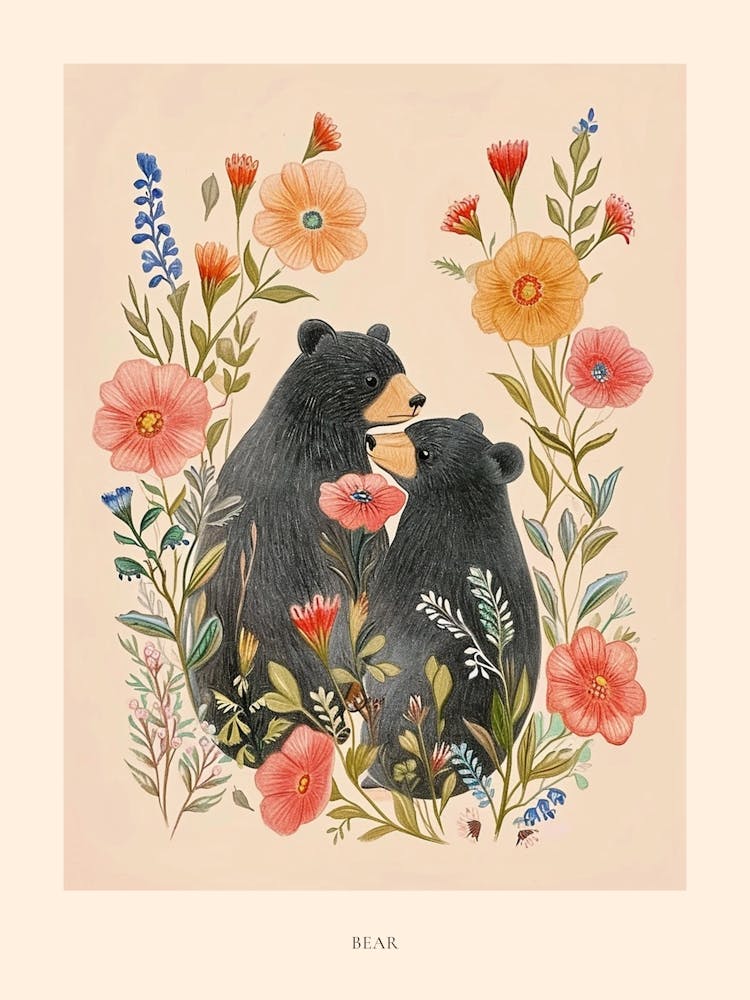 Folksy Floral Animal Drawing Bear 2 Poster