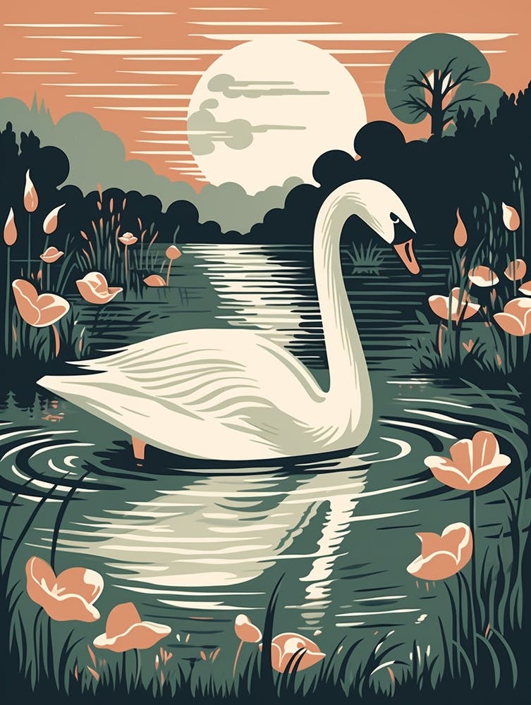 Linogravure d'Oiseau Vintage Cygne 3
