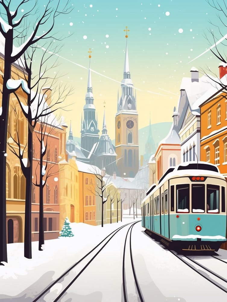 Vintage Winter Travel Illustration Krakow Poland 4