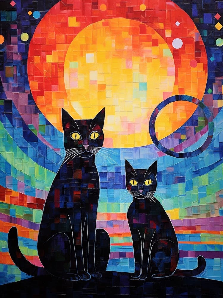 Two Black Cats With A Patchwork Moonlit Background