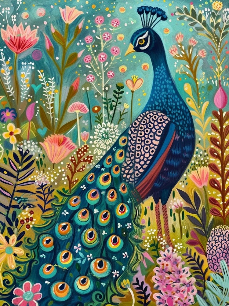 Floral Folky Peacock In The Meadow 3