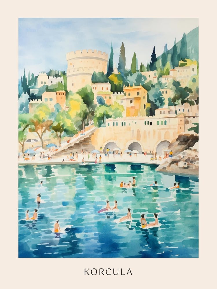 Swimming In Korcula Croatia Watercolour Poster