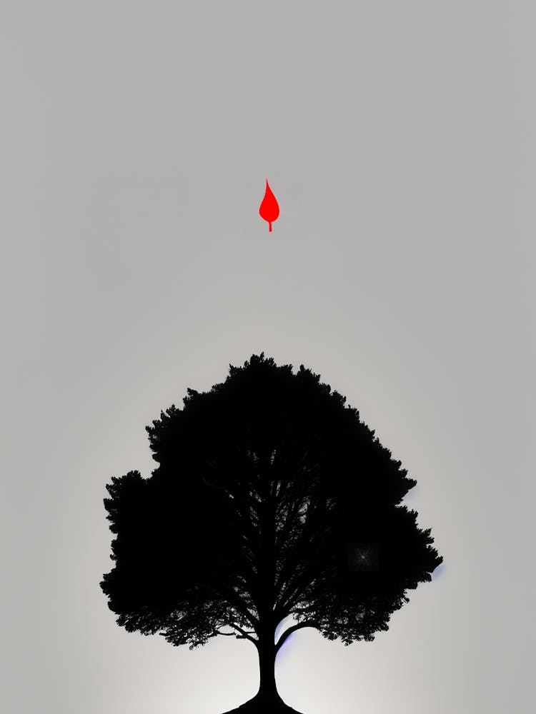 Tree Silhouette with a Symbolic Red Drop
