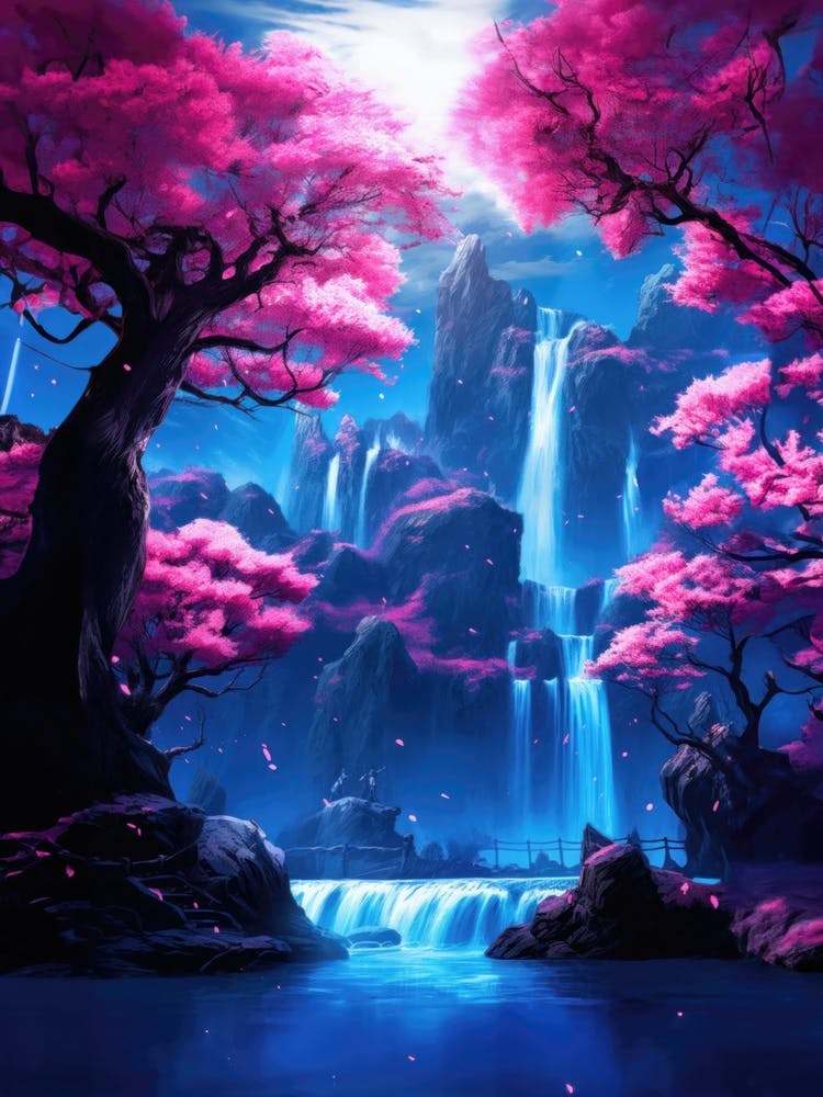 Cherry Blossom Asian Landscape Waterfalls