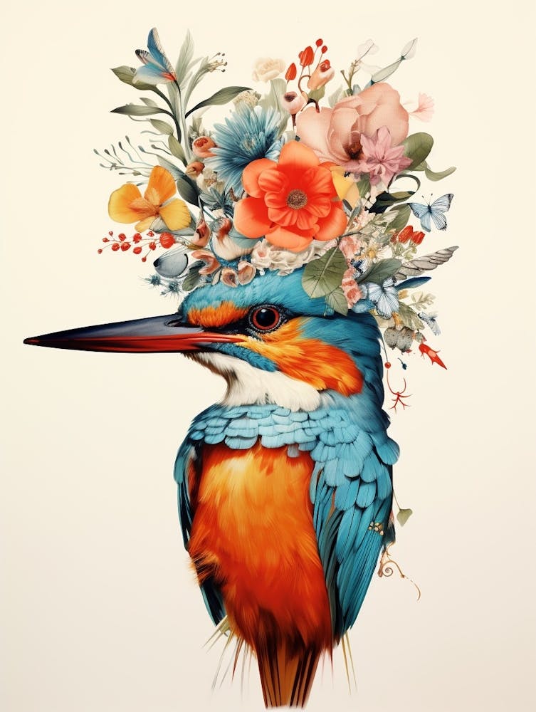 Vogel mit Blumenkrone Eisvogel 2