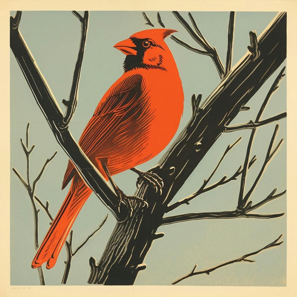 Retro Bird Lithograph Northern Cardinal 1